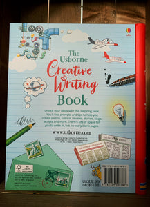 Image of the back of The Creative Writing Book. The back has a pale blue, lined background, with a red spine. There are more illustrations related to forms of writing and creativity, including a letter and stamps, a glowing lightbulb, and more newspapers. Information about the book is written in the center in black text.