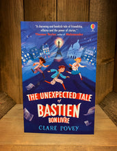 Load image into Gallery viewer, Image of the front cover of the book The Unexpected Tale of Bastien Bonlivre. The cover shows an illustration of three children in 1920s clothing running past a blue-shaded cityscape of Paris.