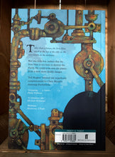 Load image into Gallery viewer, Image of the back of the book The Iron Man. The back cover has a blue background, and a border illustration of industrial pipes. The blurb is written in the center in black text.