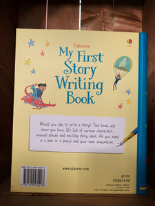 Image of the back of My First Story Writing Book. The cover has a yellow background with a blue spine, and features illustrations of a person riding a dragon and flying with a parachute. The blurb is written in a white square in black text underneath.