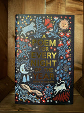 Load image into Gallery viewer, Image shows the front of the hardback book, A Poem for Every Night of the Year. The cover is navy blue, with foiled gold lettering for the title, and features illustrations in shades of blue and red of flowers, trees, the moon and sun, and a sheep, an owl, and a cat.