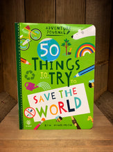 Load image into Gallery viewer, Image of the front cover of the book 50 Things to Try to Save the World. Cover is bright green, with cartoon style illustrations of green/eco objects and animals/insects, including bikes, bears, bees, and trees.