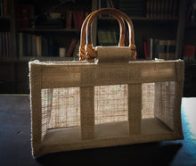 Load image into Gallery viewer, Image of a triple window jute gift bag with bamboo handles, to fit three smaller items side by side, such as potion bottles
