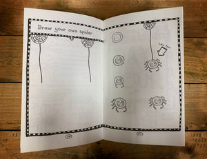 Image shows a flat lay of one of the books activities - how to draw a spider.