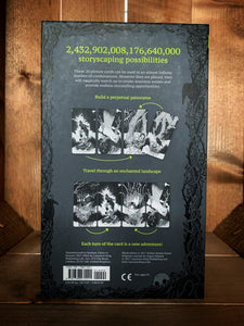 Image of the back of the box for The Hollow Woods: Storytelling Card Game. The back of the box has a grey background, bordered with a black illustration of thorned vines and birds. There are images of some of the cards featured within the game, showing how they could possibly be ordered. 