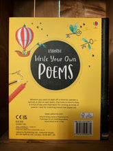 Load image into Gallery viewer, Image of the back cover of the book Write Your Own Poems. The background is bright yellow with a black spine. The title is again in a black circle in the center, surrounded by a couple of illustrations, including flying keys, and a hot air balloon attached to a boat. Information about the book is written in black text underneath. 