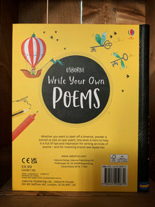 Image of the back cover of the book Write Your Own Poems. The background is bright yellow with a black spine. The title is again in a black circle in the center, surrounded by a couple of illustrations, including flying keys, and a hot air balloon attached to a boat. Information about the book is written in black text underneath. 