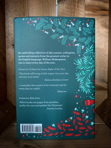Image of the back of the book Shakespeare for Every Day of the Year. The cover has a dark blue/teal background, with illustrations on the right side of plants and flowers in shades of pale blue and red. The blurb is on the left in white text.