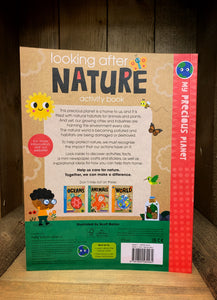 Image of the back cover of Looking After Nature. The back has the same Kraft brown background, and around the blurb are more illustrations of insects and birds.