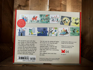 Image of the back of Story Box: Create Your Own Fairy Tales.  The back has a pale cream background, and has images of 12 of the featured cards across the top, showing how they could be ordered, with information about the game underneath in black text. 