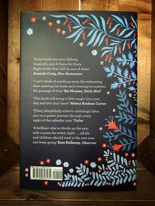 Image of the back cover of A Poem for Every Night of the Year. The cover is dark blue, with illustrations in lighter shades of blue and red of flowers and plants surrounding a blurb of  comments about the book.