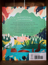 Load image into Gallery viewer, Image of the back cover of the book My Friend Earth. The cover shows an illustration of a lake with mountains and trees in the background, with birds, a squirrel, and an otter. The blurb is in black and white text in the center, on a pale green background. 
