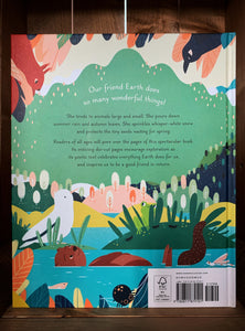 Image of the back cover of the book My Friend Earth. The cover shows an illustration of a lake with mountains and trees in the background, with birds, a squirrel, and an otter. The blurb is in black and white text in the center, on a pale green background. 