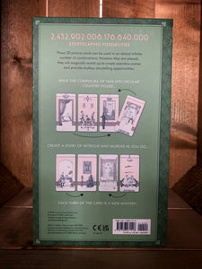 Image of the back of the box for The Mystery Mansion: Storytelling Card Game. The back has another art deco border in a darker green, while the rest of the background is sage green. There are images of some of the cards featured within the game, showing how they could possibly be ordered.