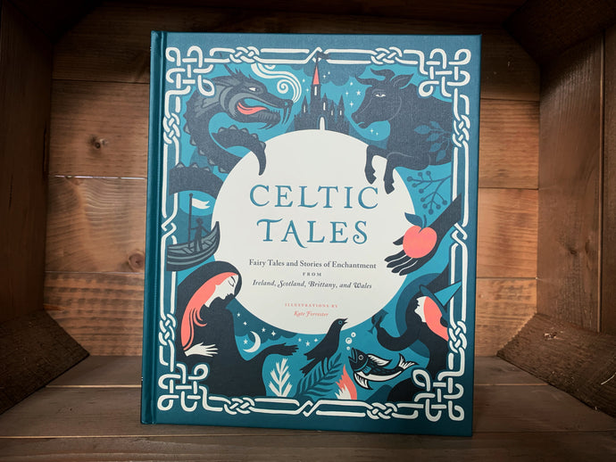 Image of the front cover of the hardback book Celtic Tales. The cover is in shades of dark blue, with a white Celtic knot border, and a white circle in the center  where the title is written. Surrounding the circle are illustrations of mythical creatures, castles, and people from the stories inside, including a dragon, a bull, and a witch.