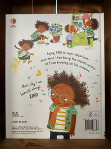 Image of the back of the book I'm Almost Always Kind.  The cover is white, with illustrations of one of the children from the front cover performing some 'kind' tasks, including moving a snail to safety, and helping fetch something down from a tall shelf. 