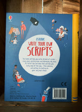 Load image into Gallery viewer, Image of the back cover of Write Your Own Scripts. The background is dark blue with a yellow spine. The title is written in a white circle in the center, and surrounded by illustrations of people on film sets, including a costume rail, and actors reading scripts. Information about the book is written within the white circle in blue text.