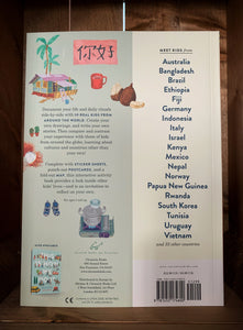 Image of the back of the book This Is How I Do It. Around half the the back cover background is the same pale blue from the front, the other half is white. The blue half has the blurb written in black text, and more illustrations of objects and places from around the world. The white half has a list of 19 countries that are included within the book.
