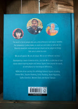 Load image into Gallery viewer, Image of the back cover of the book Just Like Me. The cover has 3 round illustrated portraits of people featured within the book across the top, with the blurb underneath written in white text, all on a dark teal background.