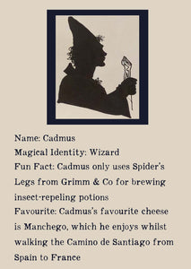 Character bio for Cadmus the Wizard. Image shows the silhouette of a wizard wearing a long pointed hat, a cape, and holding a staff. Bio reads as follows - Magical Identity: Wizard. Fun Fact: Cadmus only uses Spider's Legs from Grimm & Co for brewing insect-repelling potions. Favourite: Cadmus's favourite cheese is Manchego, which he enjoys whilst walking the Camino de Santiago from Spain to France.
