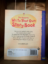 Load image into Gallery viewer, Image of the back cover of Write Your Own Story Book. The background is pale orange and lined, with a purple spine. The title is written at the top, with information about the book underneath in black text.