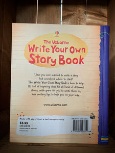 Image of the back cover of Write Your Own Story Book. The background is pale orange and lined, with a purple spine. The title is written at the top, with information about the book underneath in black text.