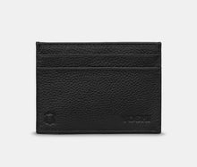 Load image into Gallery viewer, Image shows the back of the black Yoshi leather slim card holder for the Charles Dickens bookworm range. Back of holder has two slip pockets and is embossed with YOSHI and the genuine leather symbol.