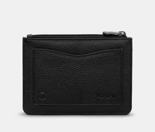 Load image into Gallery viewer, Image shows the back of the black Yoshi leather zip top coin purse themed around Charles Dickens. Purse features a back slip pocket embossed with YOSHI and the genuine leather symbol.