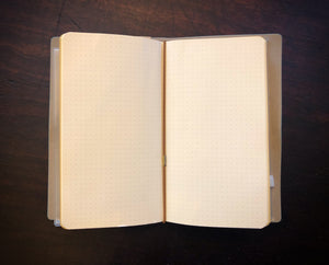 Image of an open journal showing the refillable dotted insert.