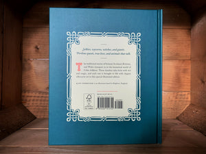 Image of the back cover of Celtic Tales. The cover is dark blue, with a white square in the center where the blurb is written. The white square is surrounded by a border of white Celtic knots.