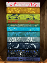 Load image into Gallery viewer, Image shows a stack of the clothbound classics with the spines facing outwards. Books from top to bottom are: Alice&#39;s Adventures in Wonderland, Pride and Prejudice, The Jungle Book, Treasure Island, The Wizard of Oz, Around the World in 80 Days, The Odyssey, Wuthering Heights, Moby Dick, Dracula, and Black Beauty.