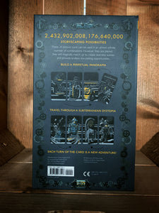 Image of the back of the box for The Shadow World: Storytelling Card Game. The baxkground is dark grey, with a border of black and light grey cog wheels. In the center, there are images of some of the cards featured within the game, showing how they could possibly be ordered.