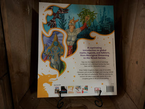 Image of the back cover of the paperback book Children's Book of Mythical Beasts & Magical Monsters, displayed in a book stand.