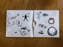 Load image into Gallery viewer, Image showing the Lyrical album opened out flat. Album cover is card with two sleeves, one containing the CD and the other containing the lyric book. Album inside sleeve is decorated with monochromatic sketches featuring an icon from each of the 14 songs.