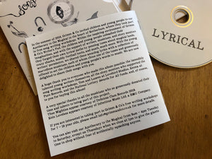 Detail image of the back of the lyric book of the album Lyrical. Info is shared about how the songs were written by children and yougn people and performed and recorded by adult musicians.