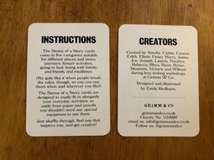 Image shows two cards from Stems of a Story, one of which is the instructions for the game, and the other lists the names of the children who created the game and the name of the illustrator, Emily Redfearn.