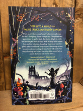 Load image into Gallery viewer, Image showing the back cover of the paperback book The Chime Seekers with the blurbs and illustrations of trees, faeries and a ruined castle in the mist.