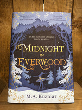 Load image into Gallery viewer, Image of the front cover of the hardback boko Midnight in Everwood with a blue and frost coloured illustration showing a snow-covered forest with pine trees and the silhouette of a ballerina in the centre wearing a golden snowflake tutu.