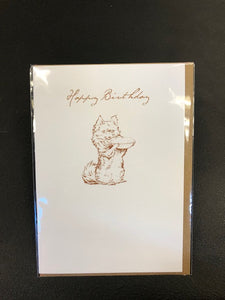 Image shows a greetings card featuring a small dog holding a pie in a dish in a brown linear sketch style with the words Happy Birthday across the top in cursive font.
