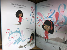 Load image into Gallery viewer, Image showing a preview of pages inside the paperback book Meesha Makes Friends by Tom Percival with a striking bold colour palette.
