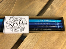 Load image into Gallery viewer, Image shows the Creative License set of Word Wands in ombre shades of blue. Slogans at end near erasers printed in silver ink and read, A Bold Beginning, An Unexpected Twist, A Dramatic Climax, A Satisfying Conclusion.