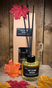 Image shows the 100 Acre Wood Scent Portal reed diffuser set with the kraft packaging and the 100ml glass bottle with black lid and reeds displayed amongst silk autumnal leaves.