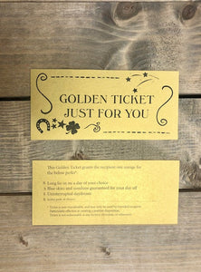 Image shows the front and back of the Golden Ticket Just for You with a swirled border on the front and icons showing stars, a lucky horseshoe and a four-leaf clover. The text on the back says the following - This Golden Ticket grants the recipient one usage for the below perks, Long lie-in on a day of your choice, Blue skies and sunshine guaranteed for your day off, Uninterrupted daydream, and a space for you to write your own additional perk.
