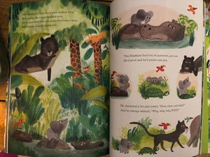 Image shows some example illustrations of the Elephant's Child by Maria Altes in the book Just So Stories 
