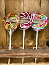 Load image into Gallery viewer, Image showing three hard Tongue Twisters, otherwise known as hard candy lollipops in a variety of colours. s 