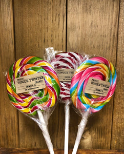 Image shows a cluster of three hard Tongue Twister spiral lollipops in a variety of colours.