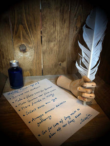 Image of a Starlight ink bottle next to a parchment page of writing done in the  blue and silver shimmering ink, with a wooden mannequin hand holding a white feather quill.
