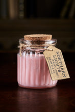 Load image into Gallery viewer, Image shows a Northern Lights Candle called Fairy Light. The candle is pale pink soy wax in a small glass pot with cork lid and is jasmine scented.