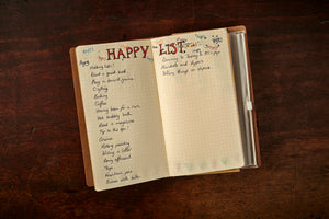 Image of an opened journal with an example of what it can be used for. It has a 'happy list' written on the dotted insert.