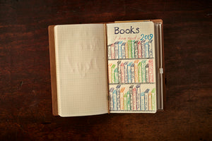 Image of an opened journal with an example of what it can be used for. It has a 'books I have read 2019' list and drawing of a bookshelf on the  dotted insert.
